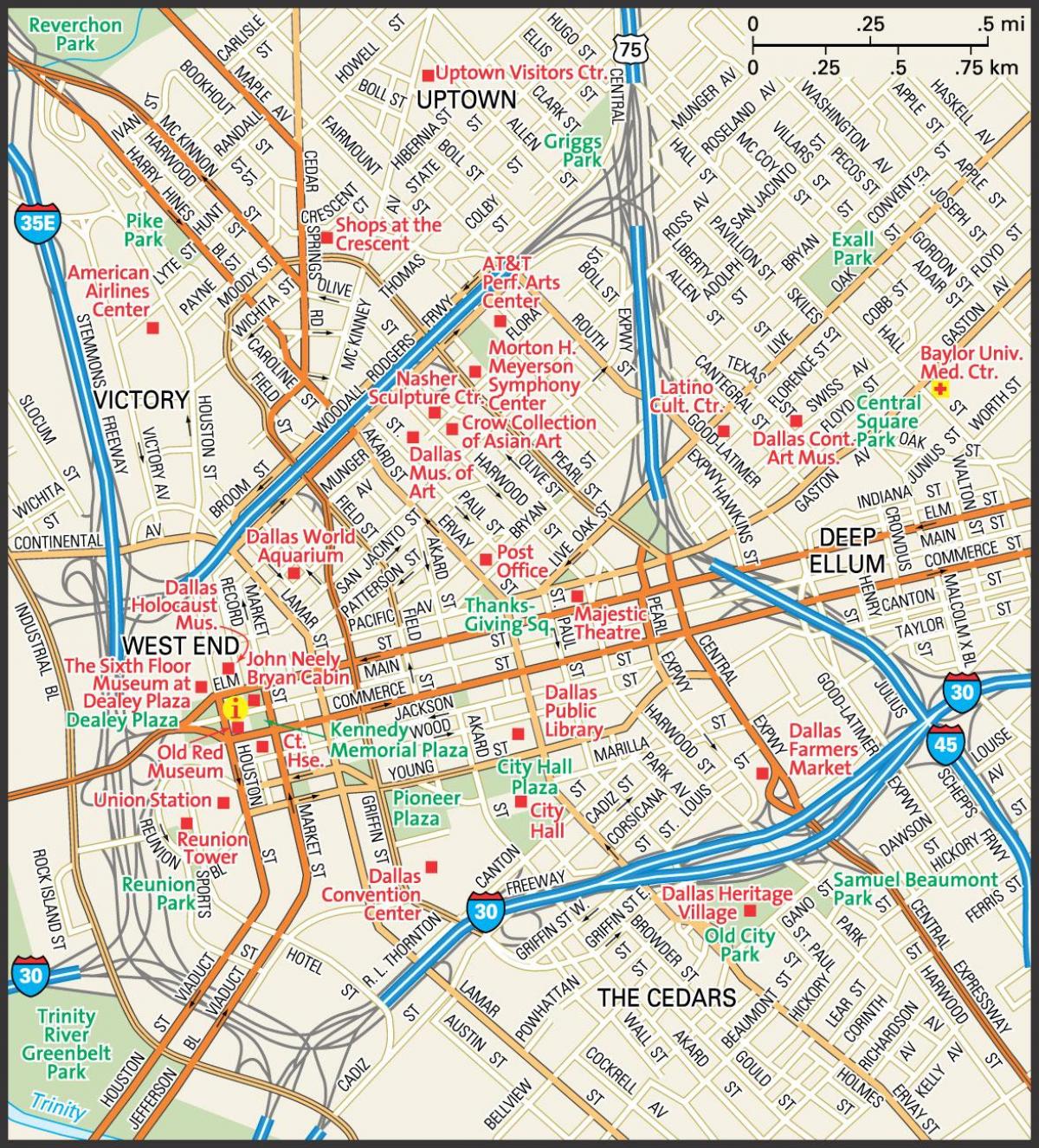 kartta downtown Dallas kaduilla